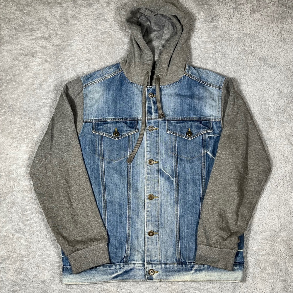 Ring of Fire Mens Denim Hoodie Jacket Blue Gray Hybrid Trucker Large